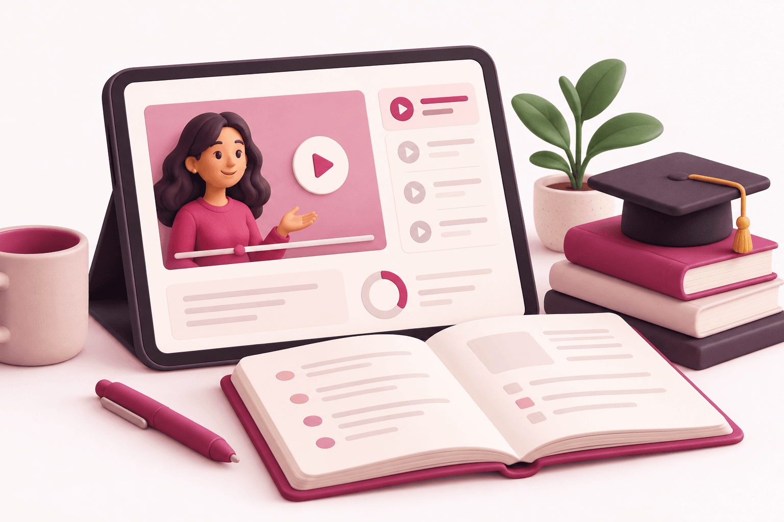 Roze illustratie van een online cursus op een tablet met lesmateriaal