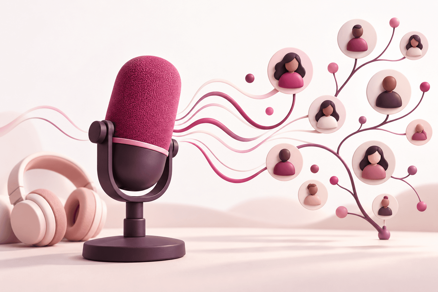 Roze microfoon die via audiogolven verbonden is met luisteraars