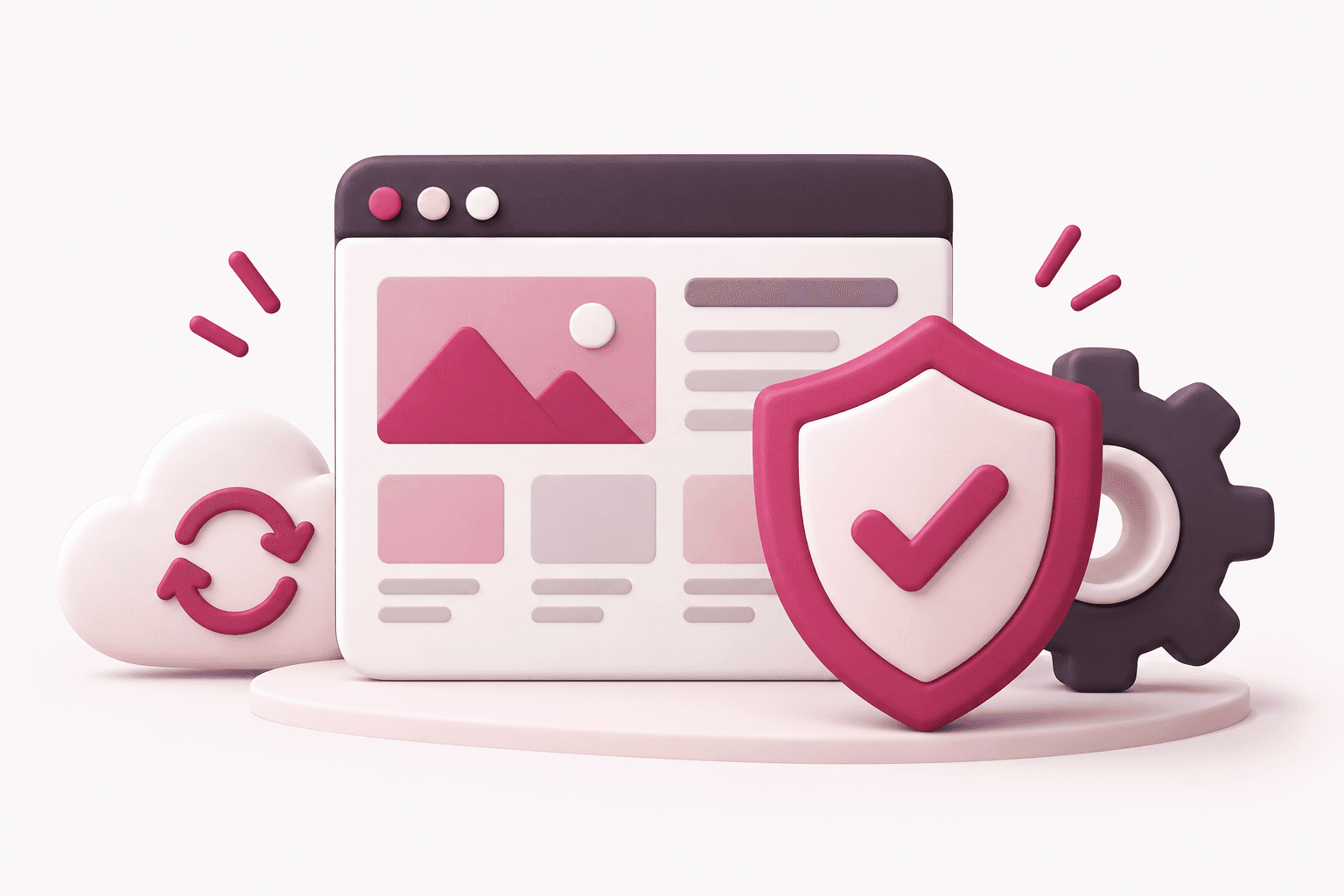 Roze illustratie van een website met beveiligingsschild, tandwiel en back-upwolk