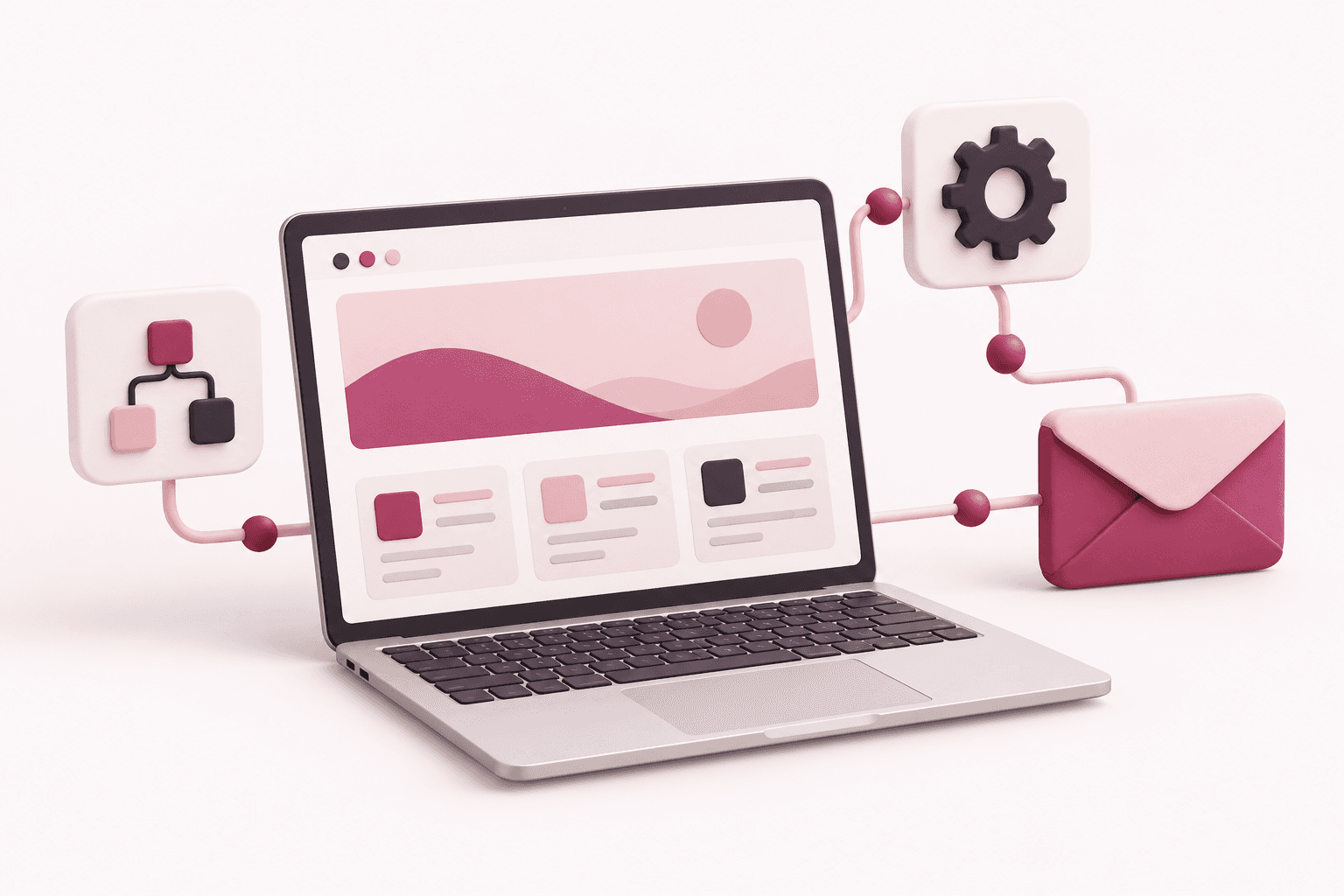 Roze illustratie van een laptop met een website, verbonden met automatisering, onderhoud en e-mail
