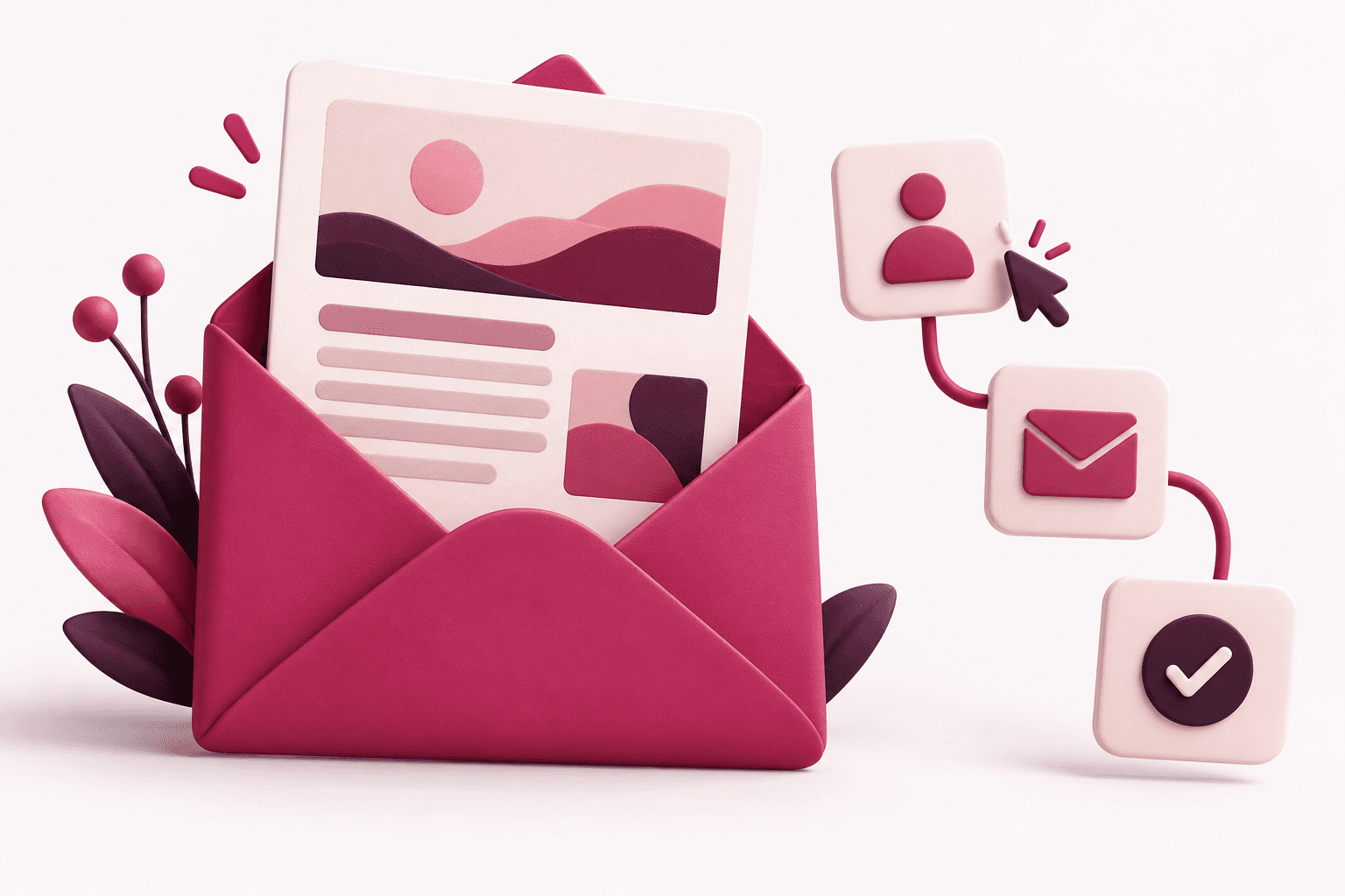 Roze illustratie van een nieuwsbrief in een envelop met een geautomatiseerde e-mailreeks
