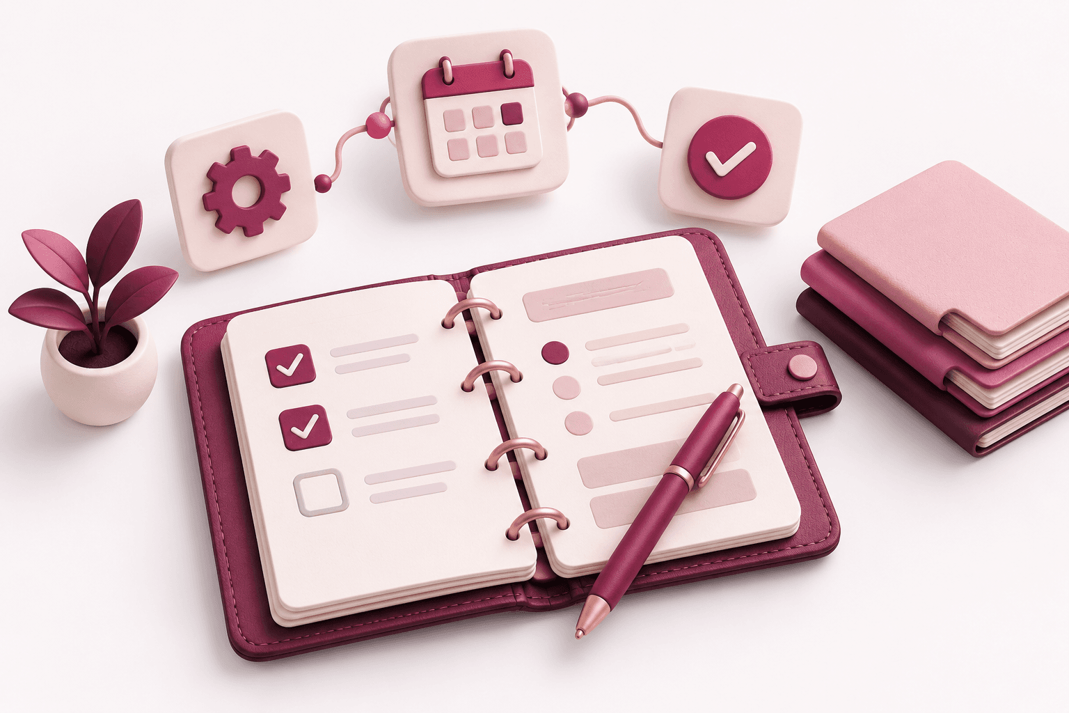 Roze illustratie van een planner met verbonden taken, systemen en een kalender