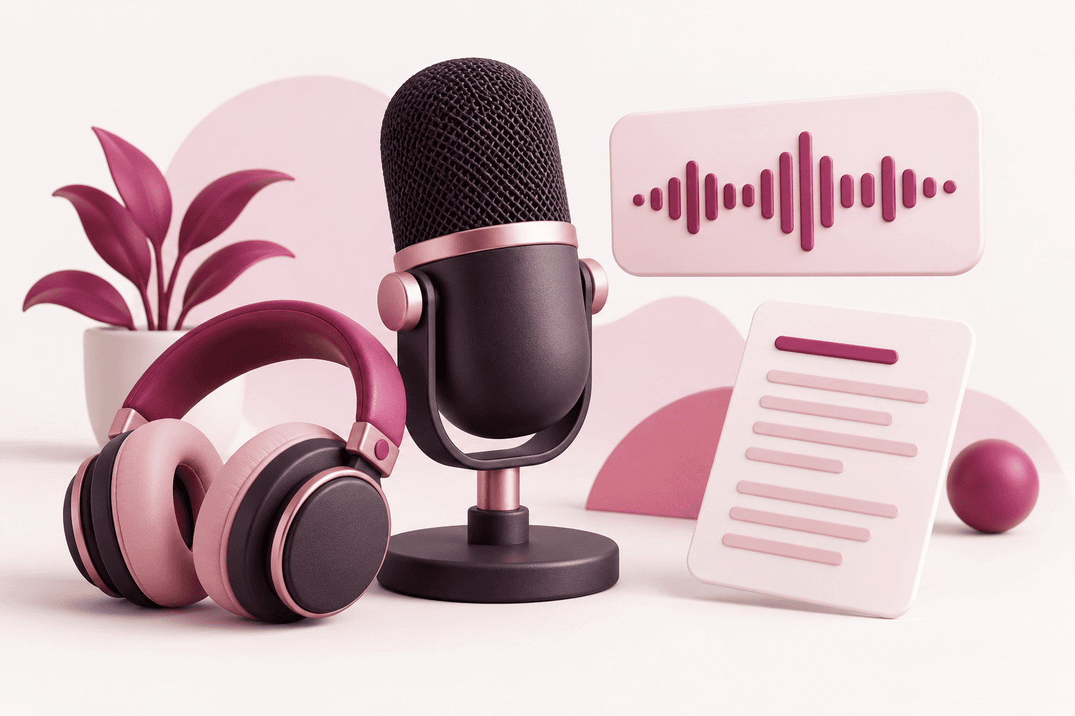 Roze podcastillustratie met microfoon, koptelefoon, audiogolven en transcriptie