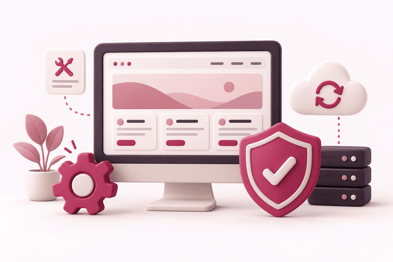 Roze illustratie van een website op een monitor met een beveiligingsschild, onderhoud en back-ups